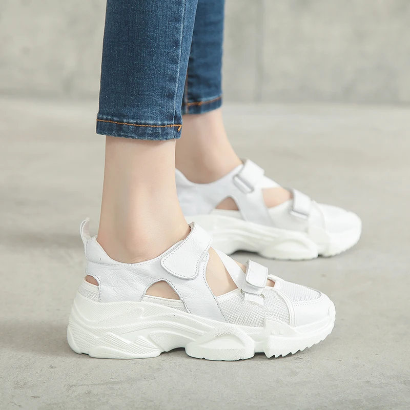 Women's White Shoes Chunky Sandals 2019 Summer Casual Closed Toe Female Platform Sandals PU Leather Woman Summer Beach Sandal
