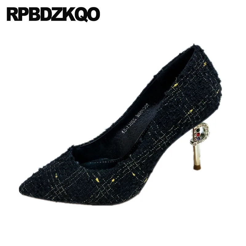 

high heels brand pumps ladies crystal size 4 34 diamond pointed toe 8cm thin metal black 2018 wine red rhinestone stiletto shoes