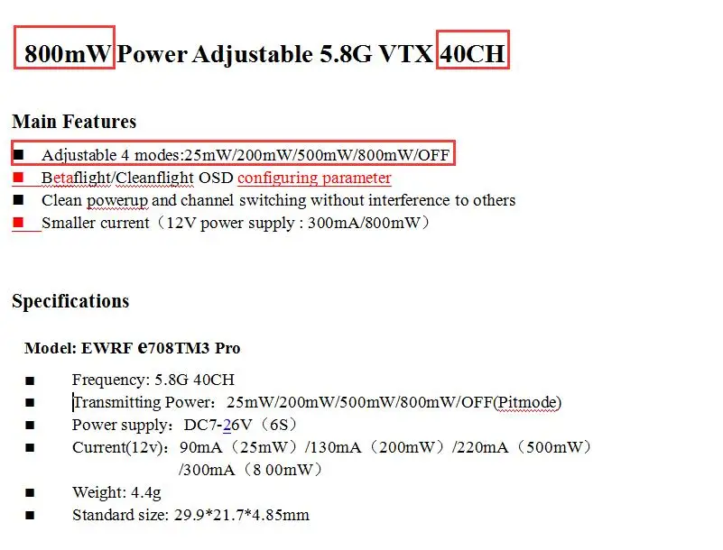 E708TM3 Pro VTX Беспроводной AV передатчик 5,8G 25/200/500 МВт 800/выкл pitmmode переключаемая мини fpv-камера OSD Регулируемый передатчик FPV 6S 7-26V