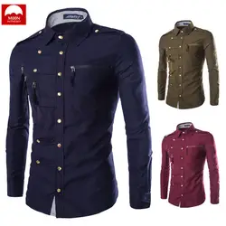 Весна и Осень Slim Fit с длинным рукавом мужская рубашка сложный мульти-кнопка сплошной цвет карман мода NZC-013
