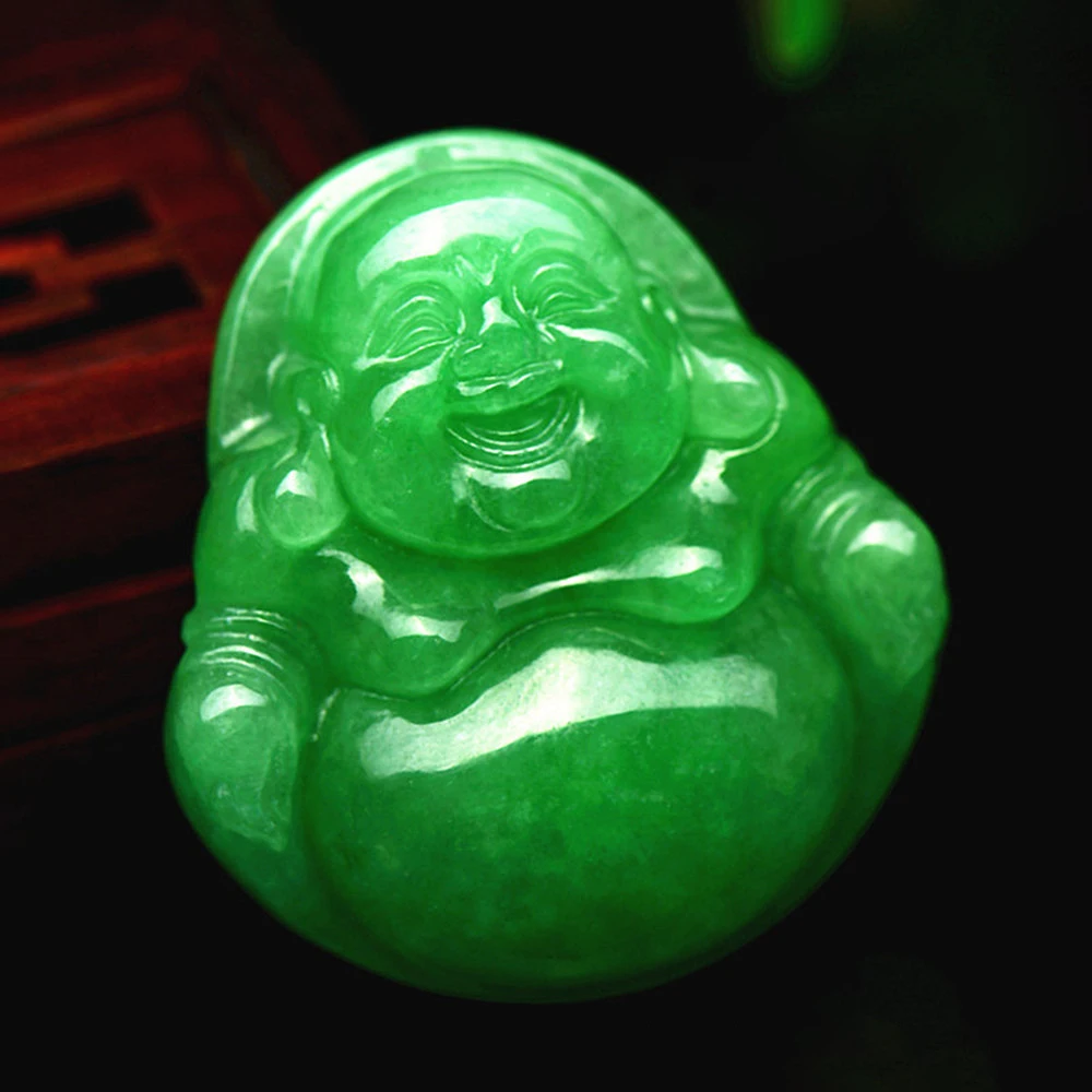 

High Degree Hand Carved old pit ice-seeded Green Buddha Pendant Myanmar Jadeite Maitreya Buddha Pendant Female Amulet Necklace