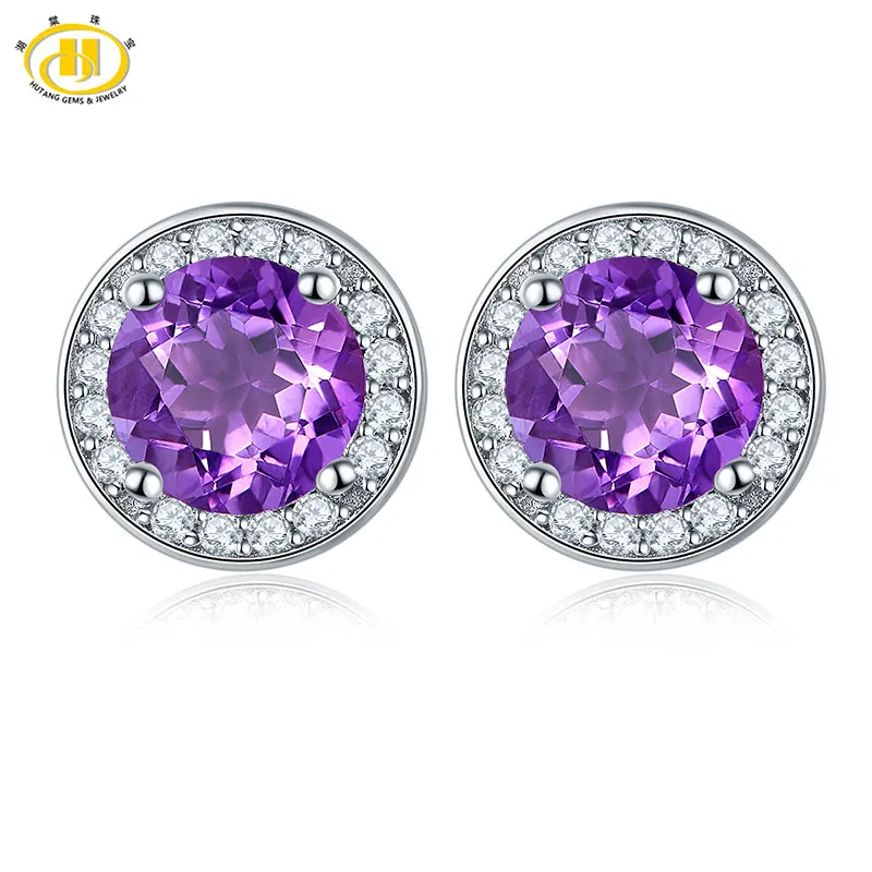 

HUTANG Stud Earrings Women Round Earring For Women Garnet Fashion Solid 925 Sterling Silver Brinco Feminino Purple