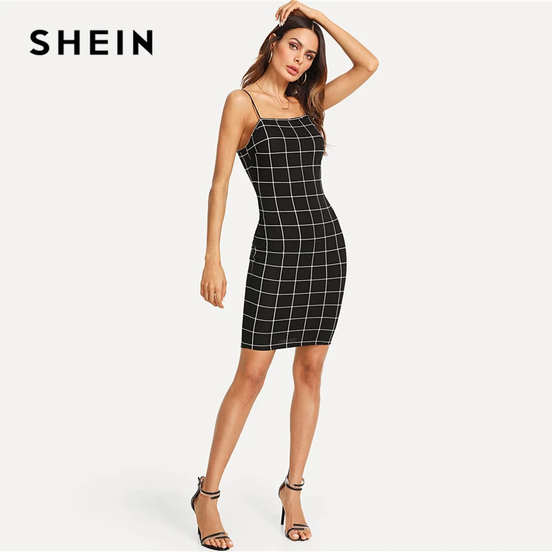 SHEIN Облегающее Платье В Клетку На Бретельках 2019 Сексуальные Женские Летние