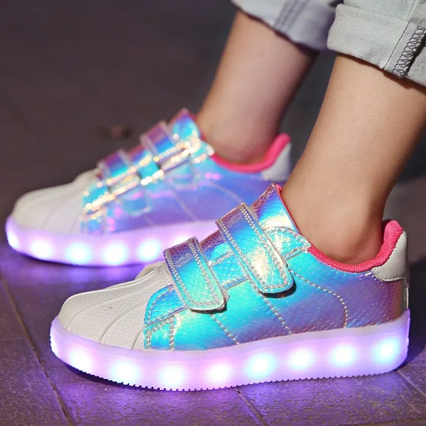Новые розовые детские светодиодная USB зарядка светящиеся кроссовки детские hook loop модная светящаяся обувь для девочек мальчиков Мужчины Женщины#25-36 - Цвет: Розовый