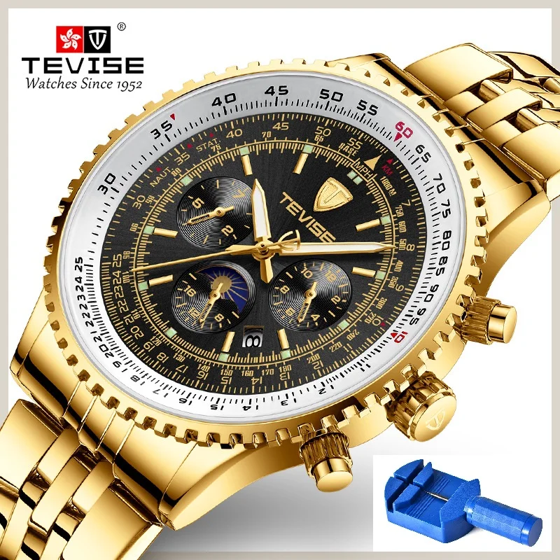

TEVISE Mechanical Watch Men Big Watch 49mm Diameter Moon Phase Week Transparent Men Automatic Watch Watchband Fixer Dropshipping