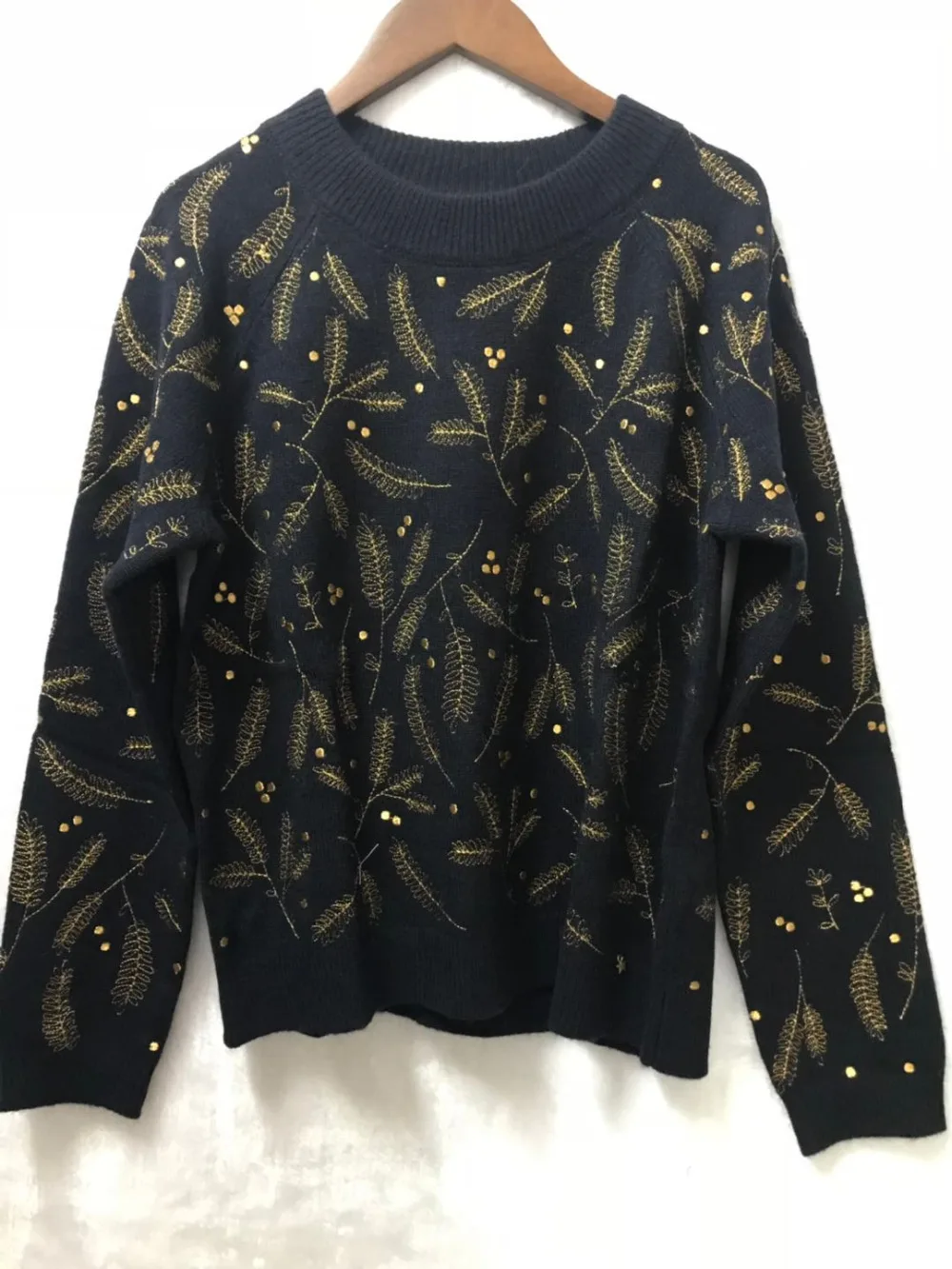 Wool Gold Silk Leaves Lurex Embroidery Leaves Warm Round Neck Knitted Sweater