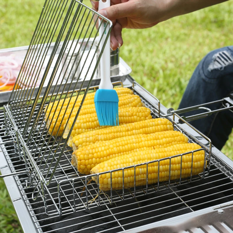 

Folding BBQ Grill Vegetable Basket set Non-Stick Rectangle Grilling Mesh Black Wood Handle Barbecue Accessories For Corn Chicken