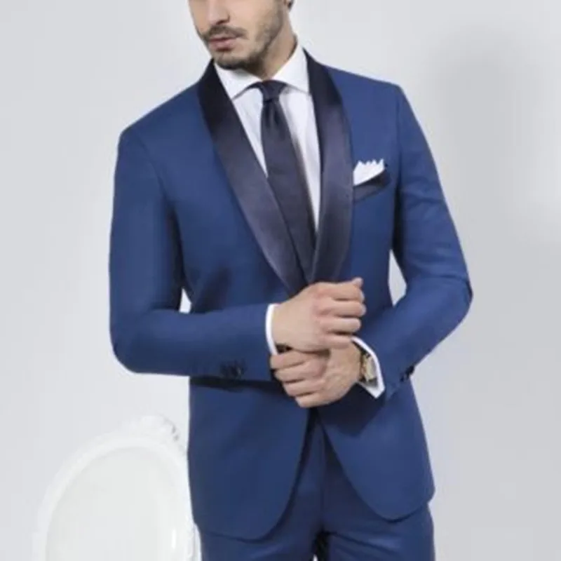 (Jacket+Pant+Tie+Handkerchiefs)Bule Shawl Collar Men Suits Custom Homme Terno Handsome Cool