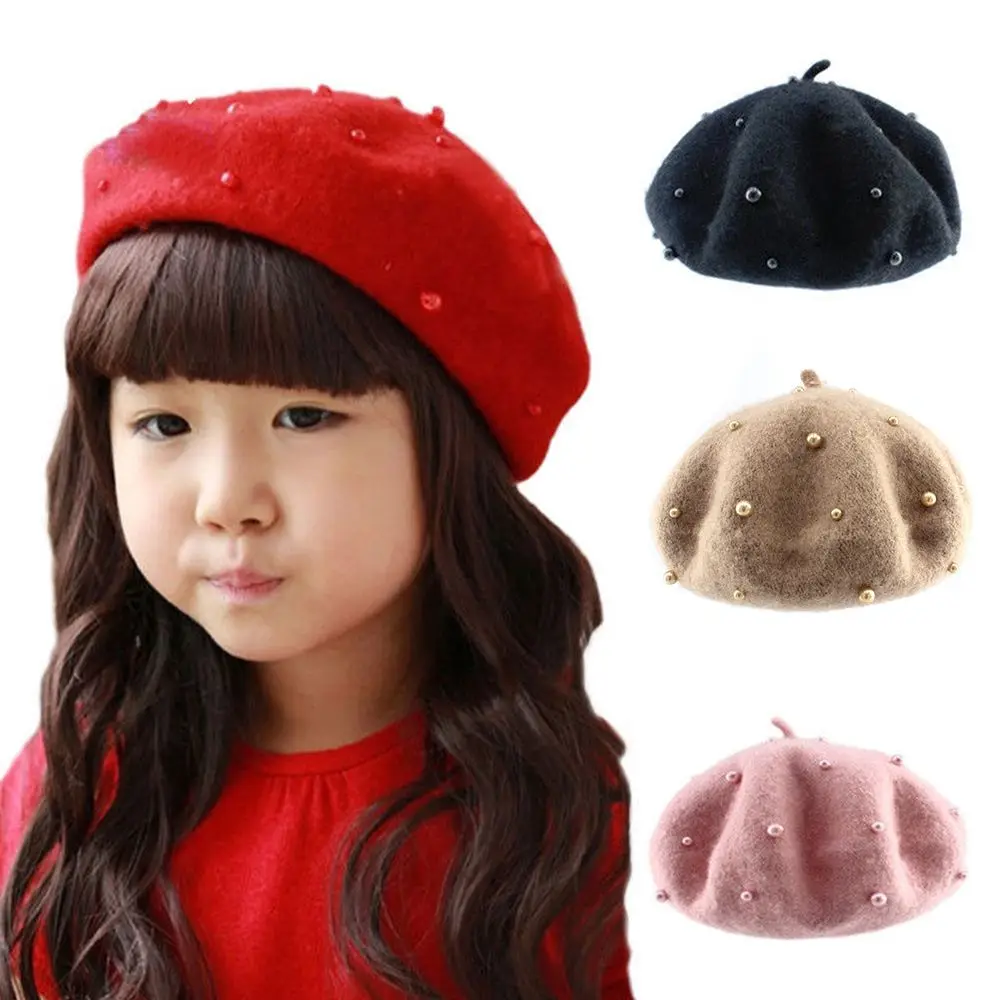 

4 Colors Fashion Children Girl Pure Beret Hat Wool Baby Hats with Pearls Candy Color Retro Baby Girl Beret Cap For Girls 1Pcs