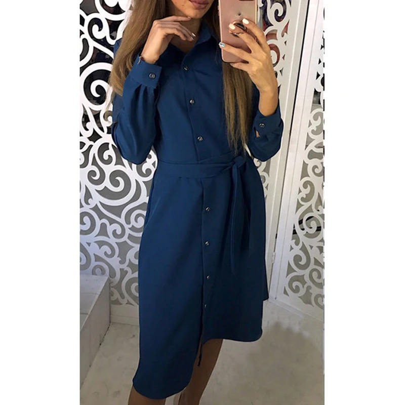 

2019 Women Autumn Summer Dress Long Sleeve Turn-Down Collar Casual Shirt Dress 4 Colour High Street Office Dress SJ1860V