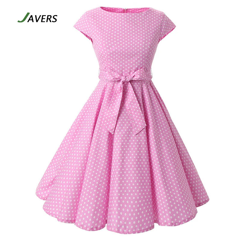 Javers オードリー ヘップバーンピンクポルカドット50 Sヴィンテージロカビリースイングドレスキャップスリーブ弓の結び目ベルトチュニックピンアップパーティードレス Swing Dress Rockabilly Swing Dressparty Dresses Aliexpress