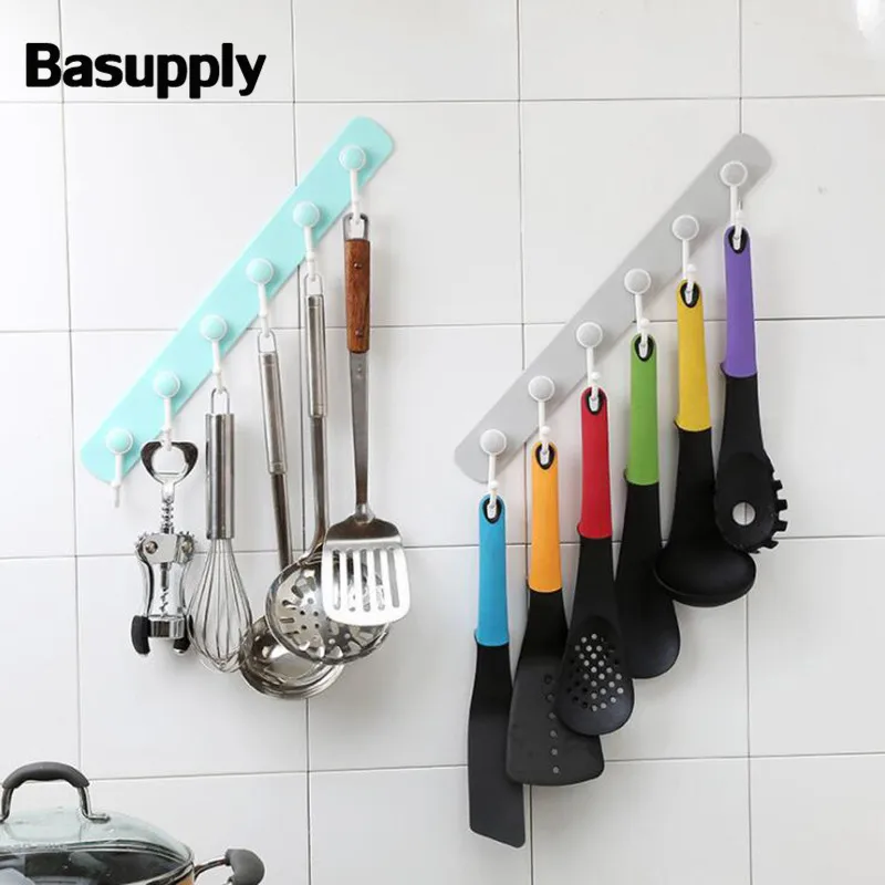 

Basupply 1Pc 6 Hooks Kitchenware Organizer Strong Wall Rack Kitchen Storage Holder Wall Hook Kitchen Bathroom Accessories