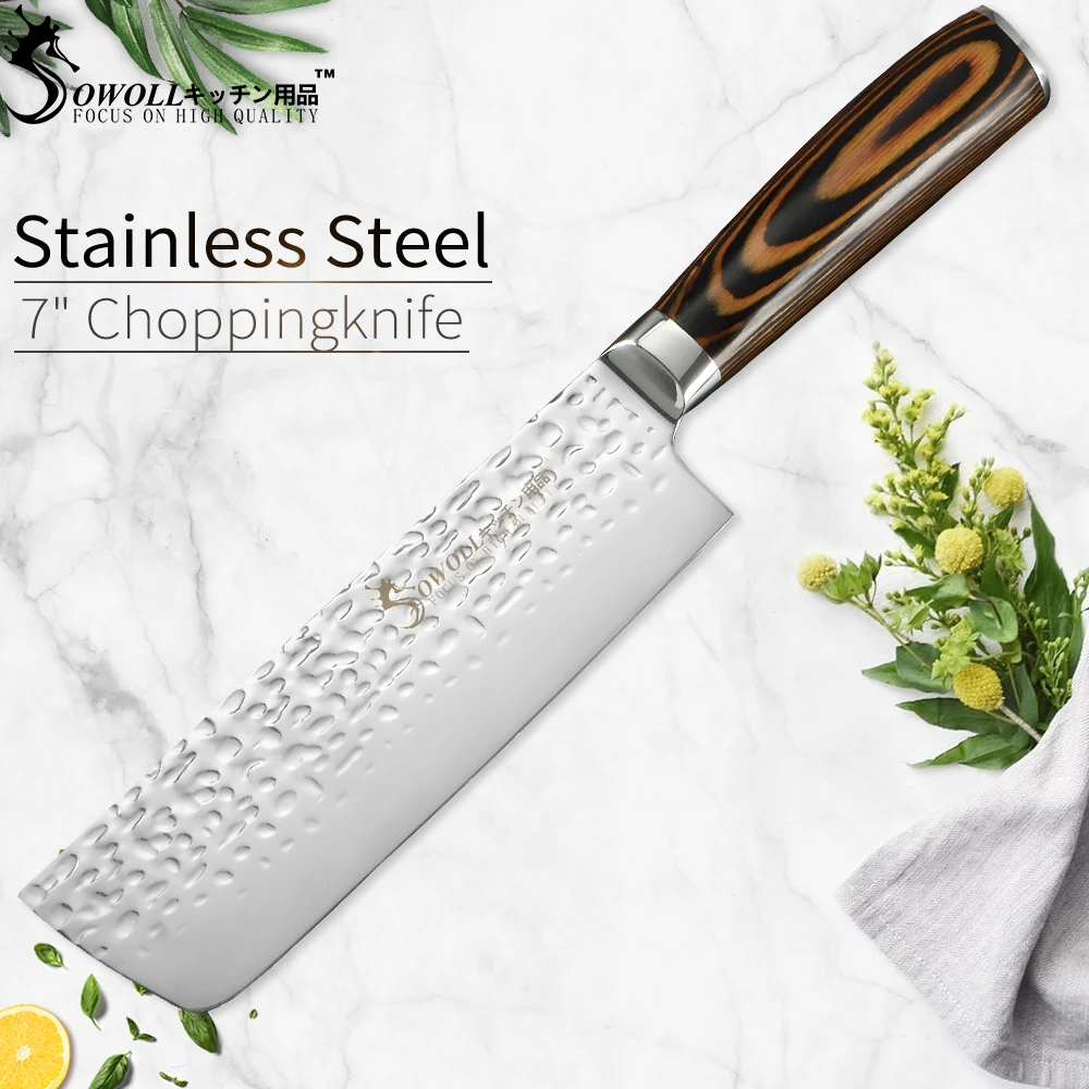 

SOWOLL Stainless Steel Kitchen Knife Hammer Pattern Blade Nakiri Chopping Knife Color Wood Handle Cleaver Cooking Accessories