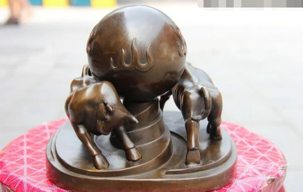

Fast shipping USPS to USA S3389 Chinese Feng Shui Bronze Copper Wealth Two Bull Oxen Cow Ox Play Ball Art Statue