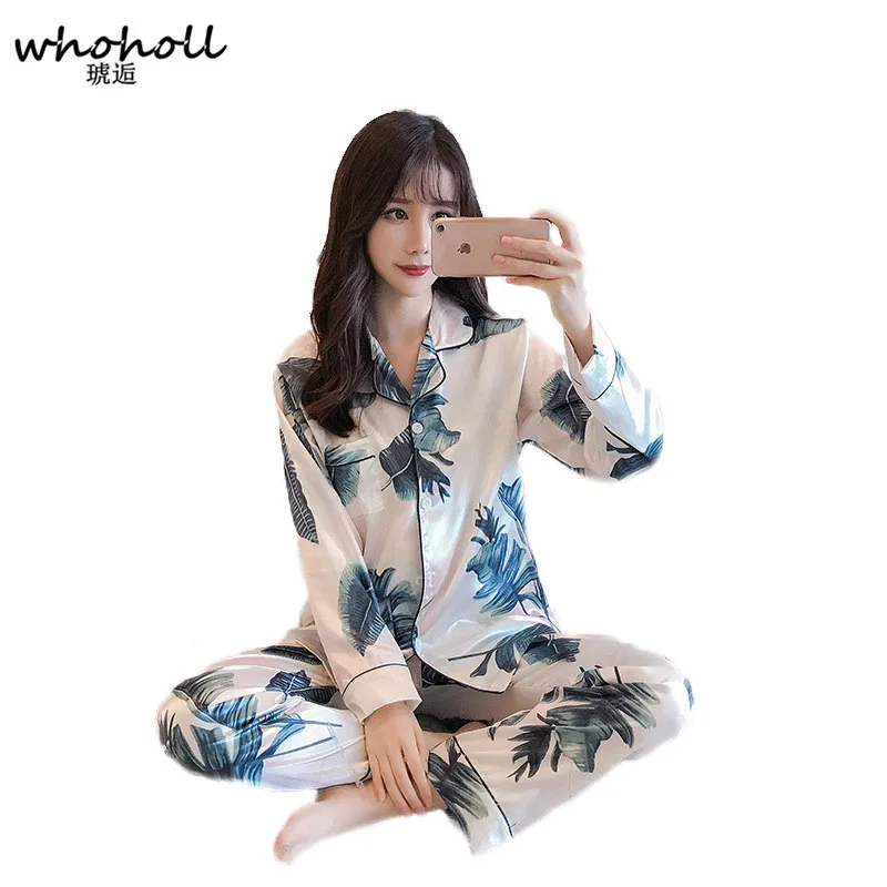 

WHOHOLL Printed Long Sleeve Sleepwear Women Pajamas Set Spring Summer Two-piece Shirt+pants Casual Homewear Female Pyjamas