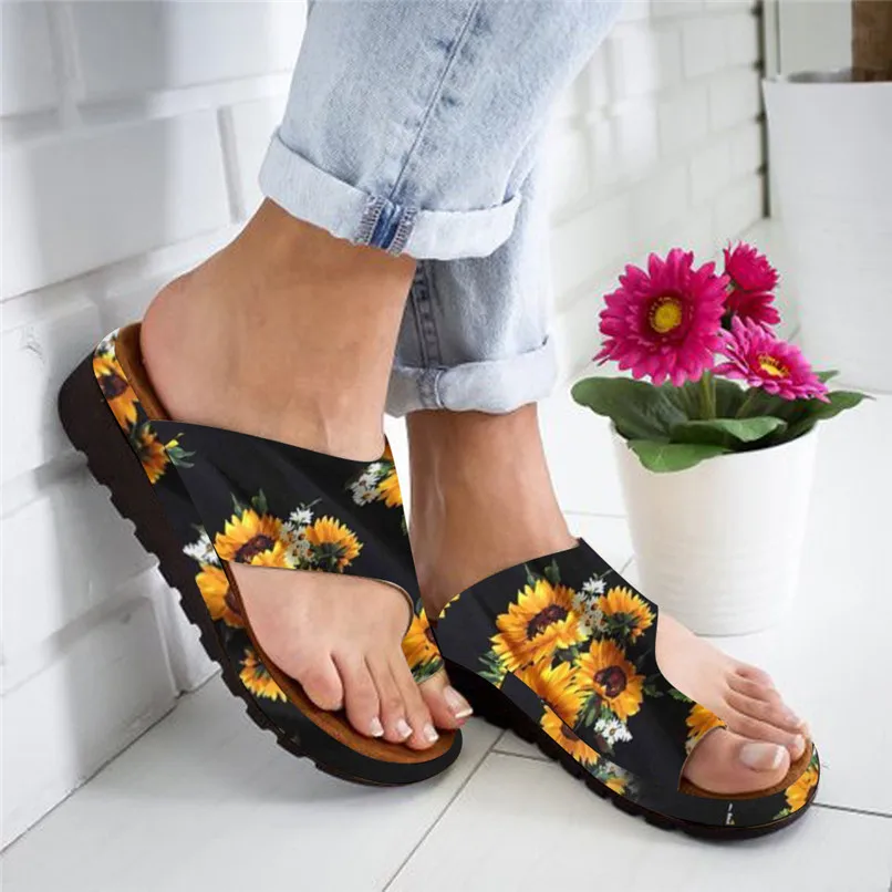 

Beach Outdoor Sandals Womens Flats Wedges Open Toe Ankle Beach Shoes Slippers Sandals Sun flower Printing #2U05