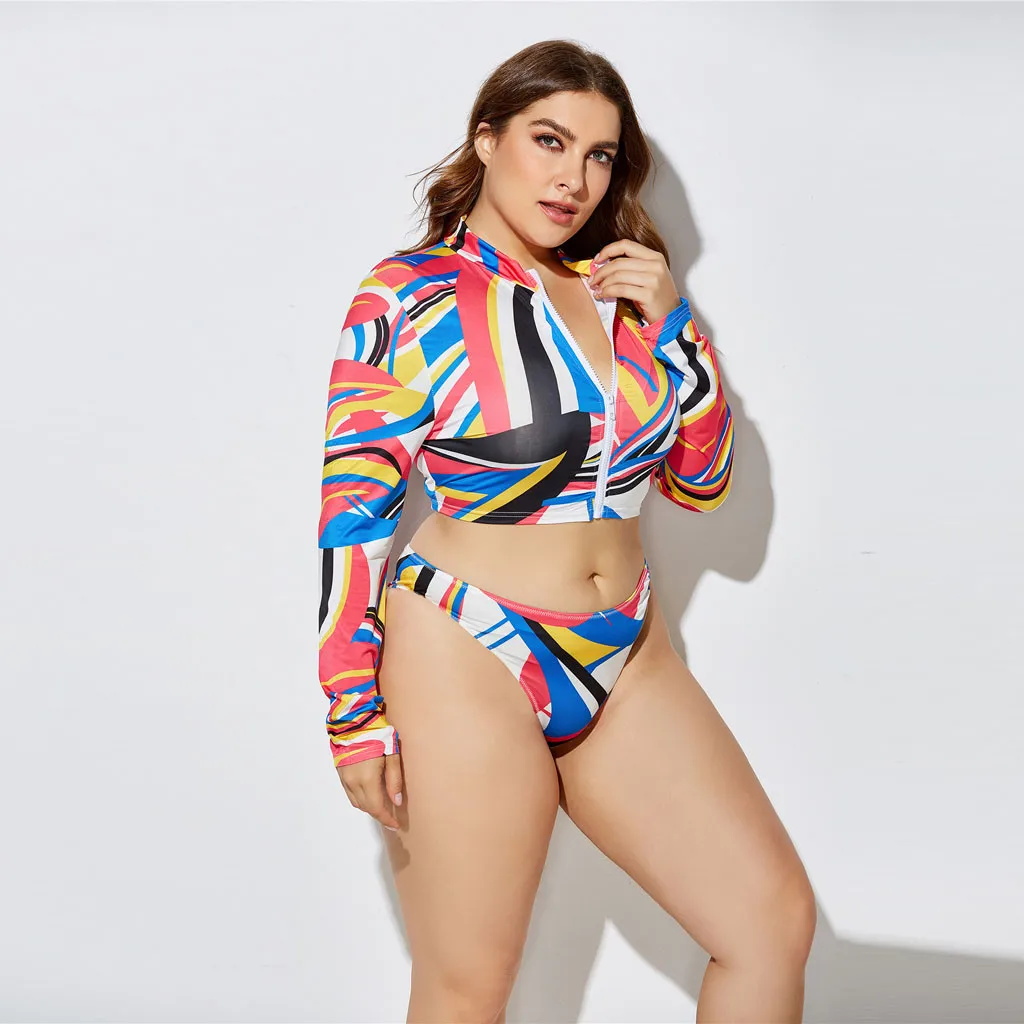 KANCOOLD Three-Piece Women's Swimwear High Waist Printing Long Sleeve Split Suit Brazilian Sexy Bathing Plus Size Swimsuit