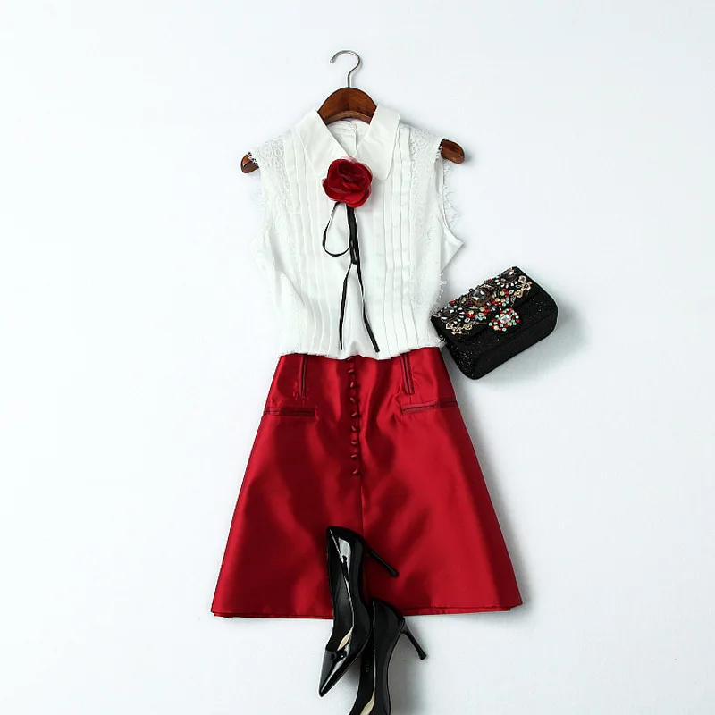 

Skirt Set Summer Women 2019 New Peter Pan Collar Sleeveless Patchwork Lace Shirt Top + Solid Color A-Line Mini Red Skirt Suits