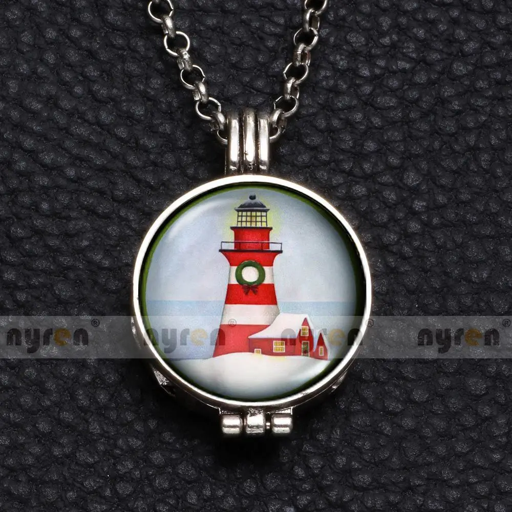 Perfume Aroma Pendant Necklace With Foam 25mm Glass Charms Lighthouse Multi Pattern For Man Women& Girl DZ1750 - Окраска металла: DZ1750b