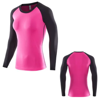 Женская спортивная рубашка с длинным рукавом, Рашгард, фитнес, женские спортивные рубашки, длинная Сексуальная футболка для спортзала, футболка для бега, велосипедная компрессионная женская футболка - Цвет: Rose Red  W75