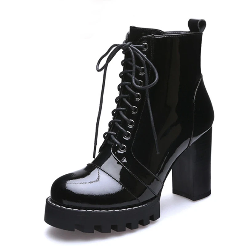 

Hot Sale Luxury Cow Patent Leather Women Ankle Boots Women Autumn Winter Leather Motorcycle Ladies Lace Up Short Boots