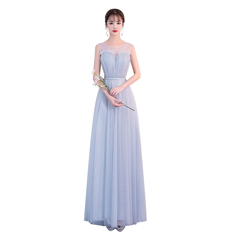 Серое длинное вечернее платье без рукавов с о образной горловиной длина до пола