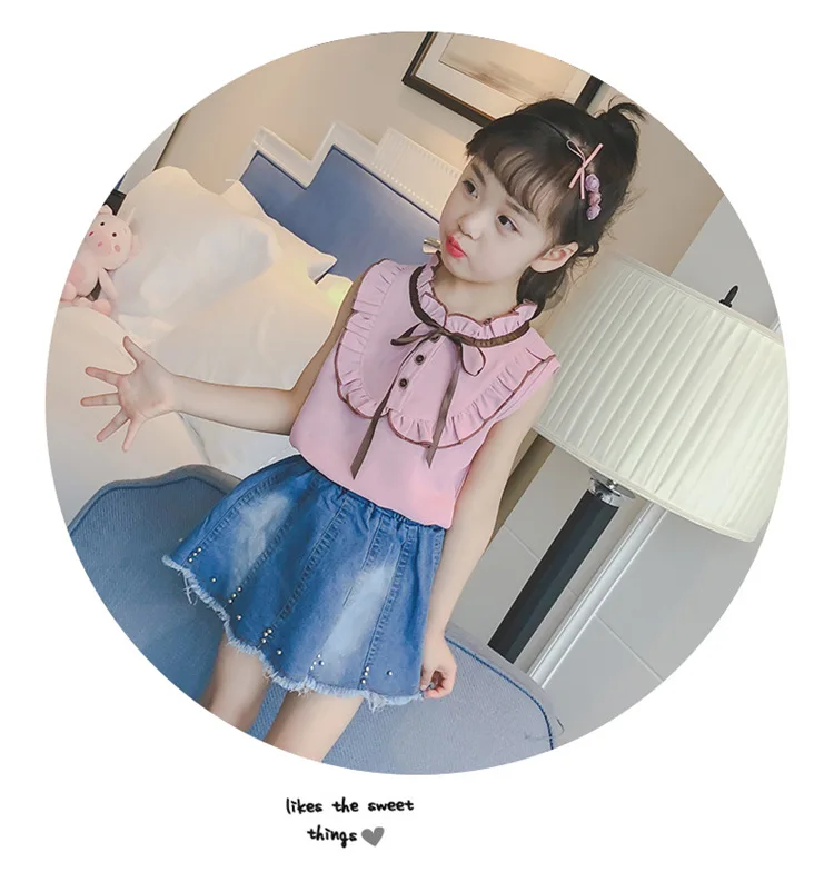 kids girls bowknot ribbon sleeveless shirts  denim short skirts girls clothes suits sets 09
