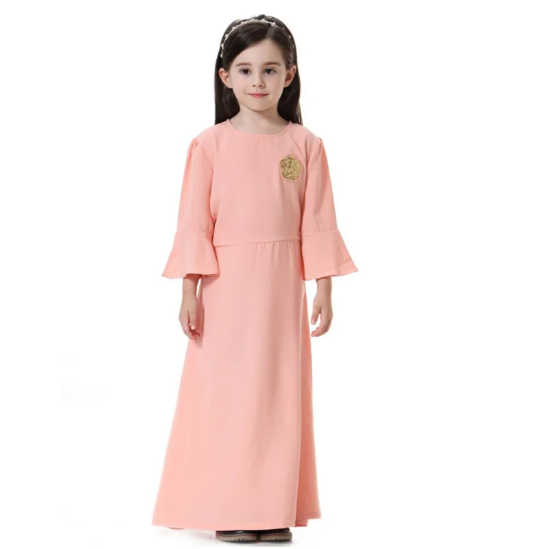 

Muslim Girl Abaya Dresses Longuette Orange Pink Cotton Kaftan Comfortable Children`s Long Lotus Sashes Long Sleeve Kids Robe