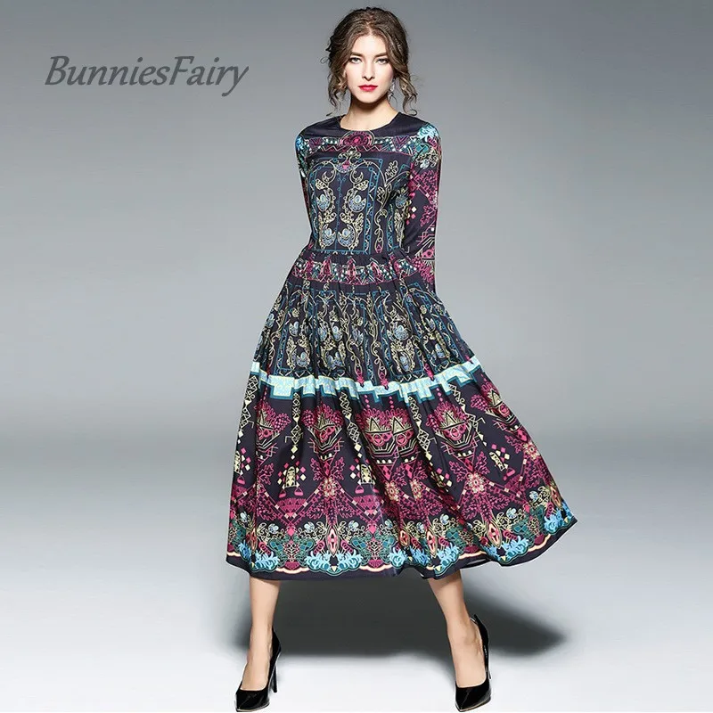 

BunniesFairy 2018 Spring Autumn Women Catwalk Runway Designer Retro Geometric Floral Print Long Dress Feminine Robe Vestidos