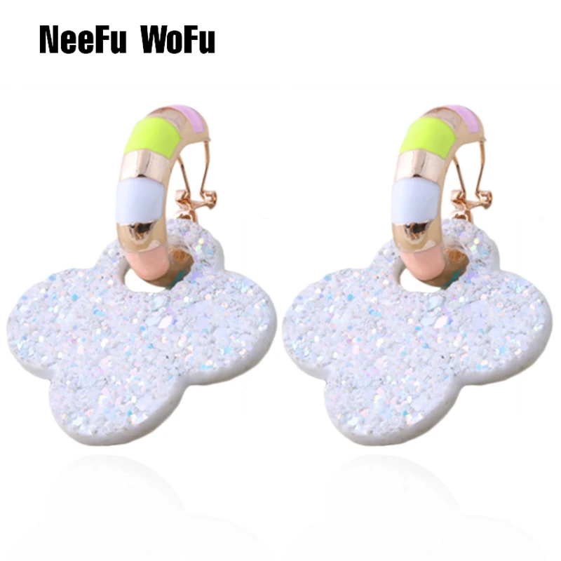

NeeFu WoFu Leather Earring Drop Big Earrings Long Geometry Dangle Woman Four-leaf clover Brinco Ear Oorbellen Christmas Gift