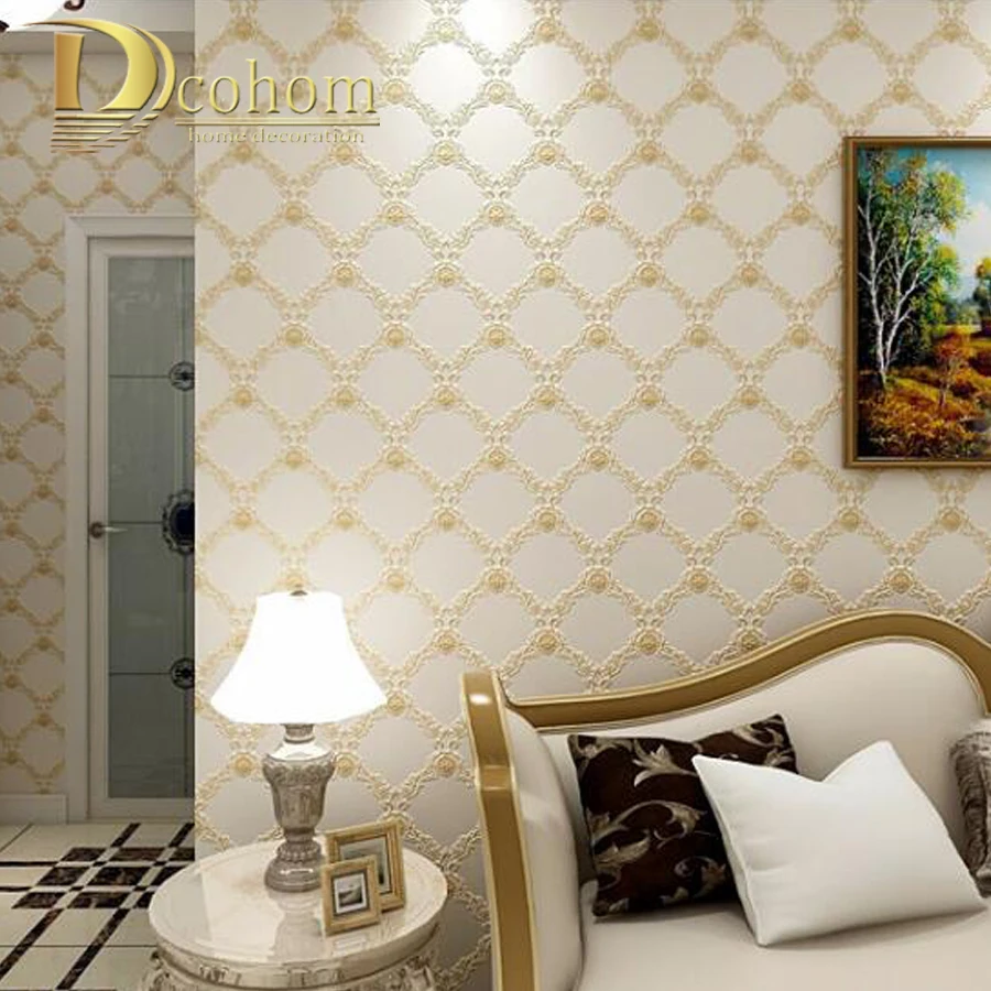 

European Geometric Trellis Wallpaper 3D Embossed Floral Wall Paper Roll For Bedroom Living Room Metallic Grid Wallcovering