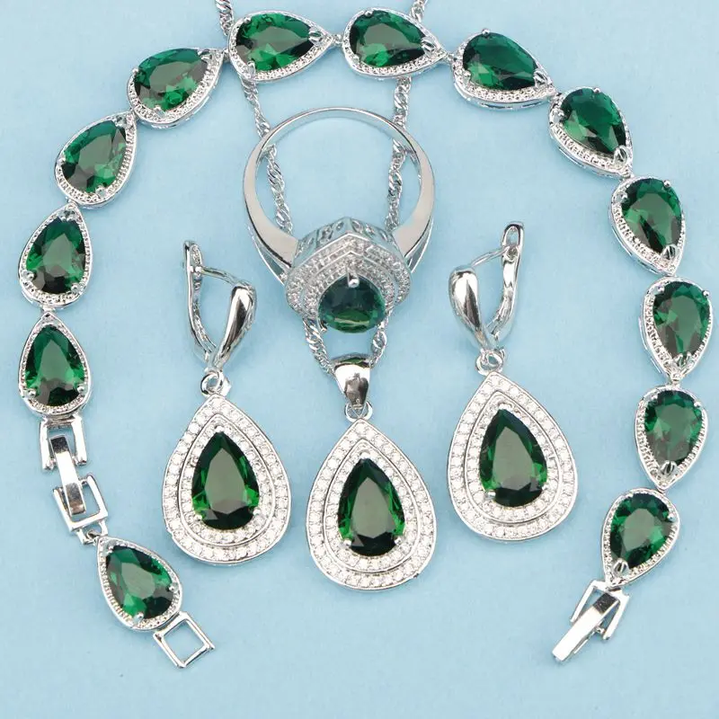 Особенности натуральный зеленый кубический цирконий 925 пробы Серебряные Ювелирные наборы для женщин браслеты/серьги/кольца/кулон/ожерелье - Окраска металла: 4PCS