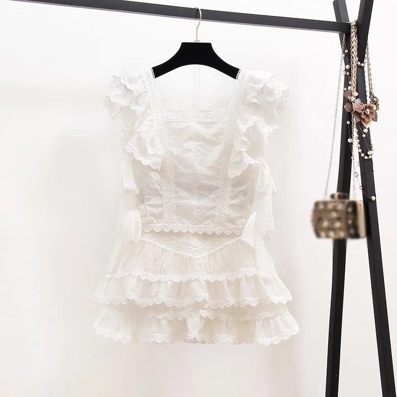 

Women Summer Chic Clubwear Ruffle Hem Skirt Set Casual Hollow Out Embroidery Short Tops+A-Line Mini Skirt Sexy Beach 2 Piece Set