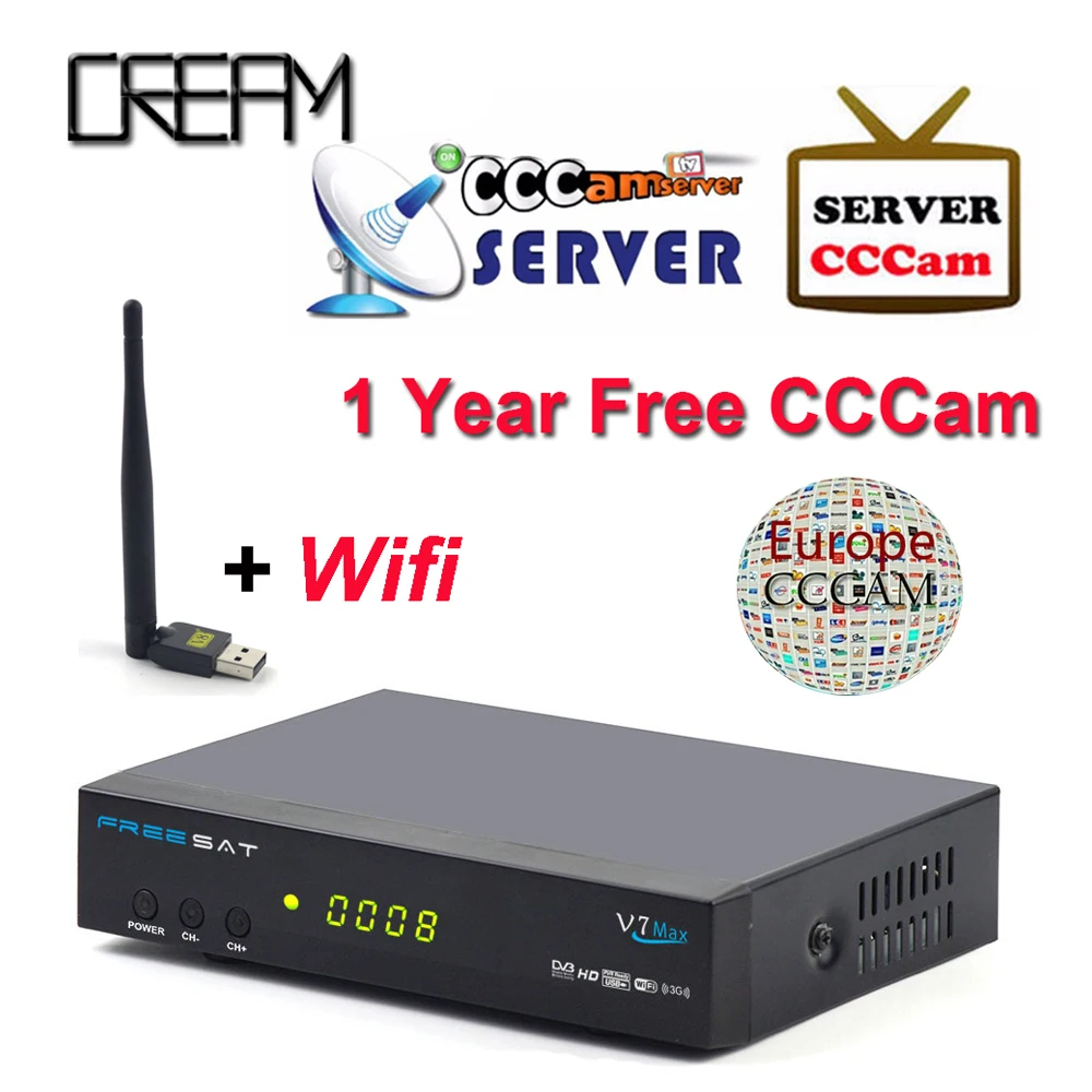 

FREESAT V7 Max Satellite Receiver + USB WIFI with 1 Year CCCAM Europe 1080P FULL HD DVB-S2 Support Cccam Newcam YouTube Youporn