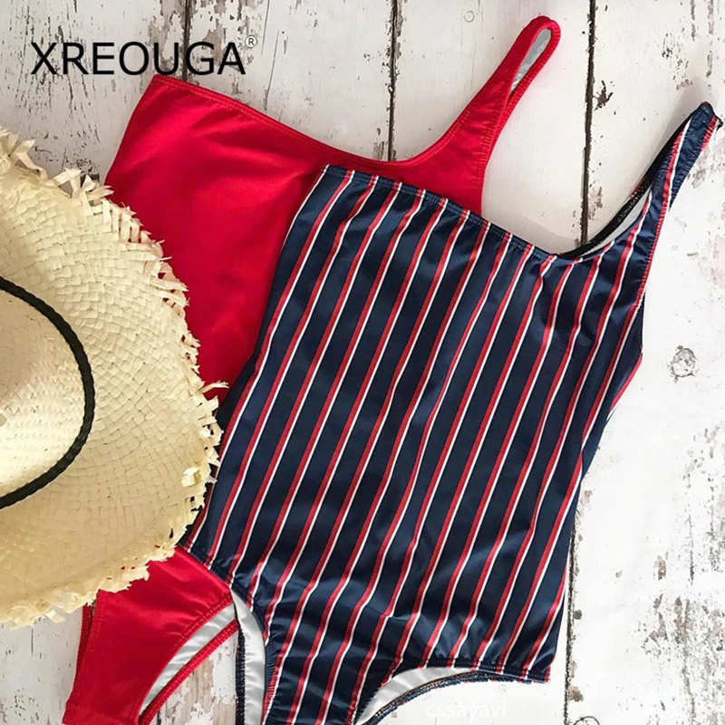 

XREOUGA Women's Solid One Shoulder Bikini Stripe Print Thong Swim Wear One Piece Beachwear Sexy Vintage Maillot De Bain Femme