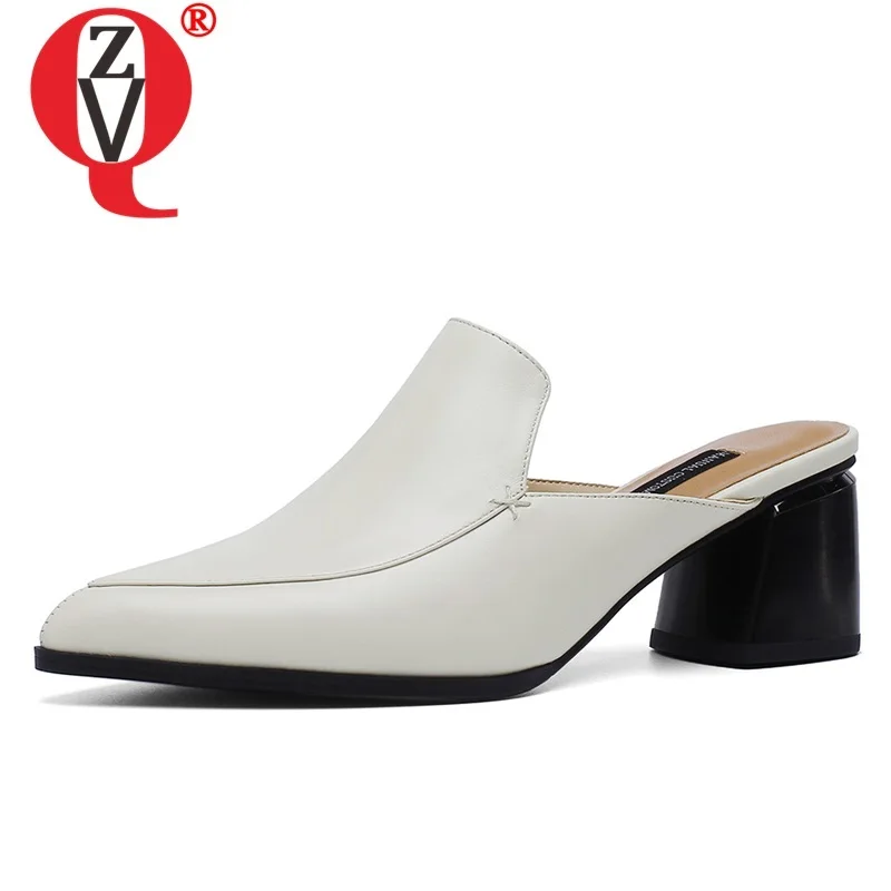 

ZVQ woman shoes summer new concise casual pointed toe woman slippers outside high heels genuine leather ladies shoes size 33-40