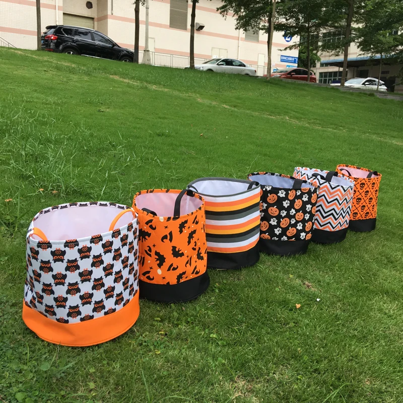 

Trick or Treat Fabric Pumpkin Jack O' Lantern Halloween Bucket Multi Chevron Candy Halloween Basket DOM109610