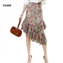 TUHAO Цветочный принт оборками расширяющееся книзу, с каймой sasymmetrical летняя юбка посылка хип Slim Fit Высокая талия шифоновые длинные юбки TSK541