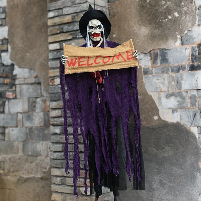 

Ghost Welcome Sign Escape Horror Props Haunted Gag Toys Bar Decoration Halloween Prop Electric Voice Hanging Skull Skeleton