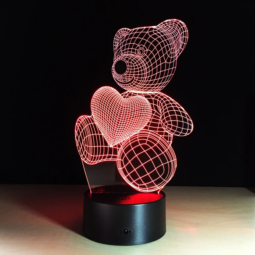 Акриловый светодиодный светильник с милым сердечком и медведем в форме сердца, 3D Детский Ночной светильник, спальный светильник для детей, подарок на день рождения