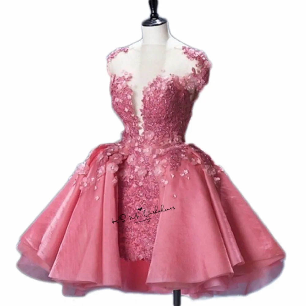 Рождественское розовое короткое пышное платье Выпускной Кружева Аппликация 3D Цветы винтажные Мини праздничные платья для встречи выпускников для милых девочек подростков