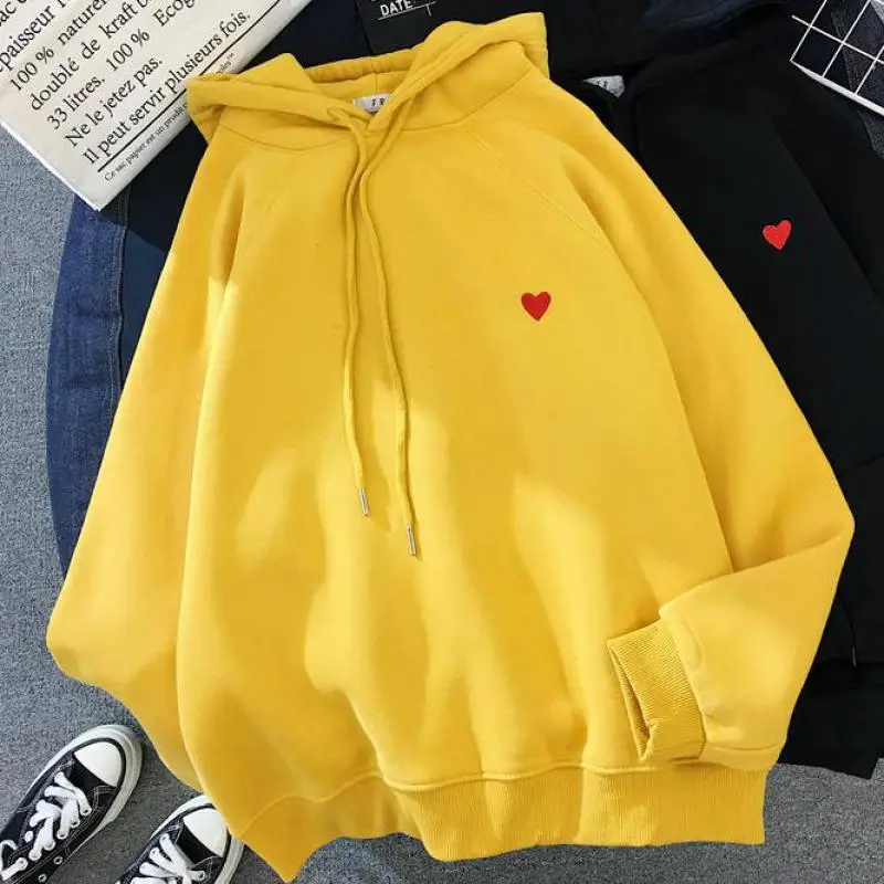 Winter Women Fashion Hoody Sweatshirt Embroidery Harajuku Love Heart Fleece Lady Hoodie Loose Long