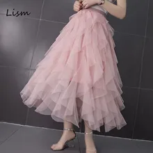 LISM Летняя женская Бохо Асимметричная юбка однотонная каскадные оборки модная женская пачка юбка Уличная розовая Jupe Femme тюль