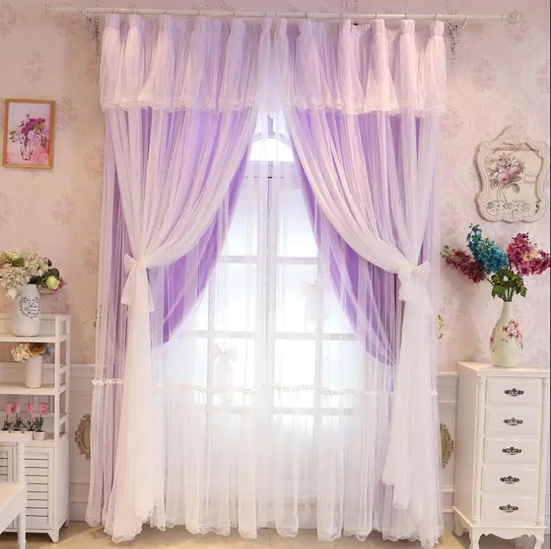 European Embroidery 2 Layers Tulle+Black Out Double Curtains with Tassel High Black Out Blinds Window Curtain for princess house