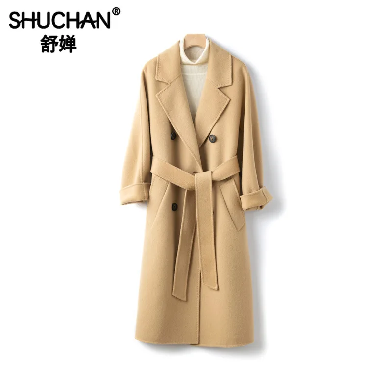 

Shuchan Classic Coats for Women Autumn Winter 2019 New Items Loose Adjustable Waist Urn-down Collar Double Breasted Solid Jacket