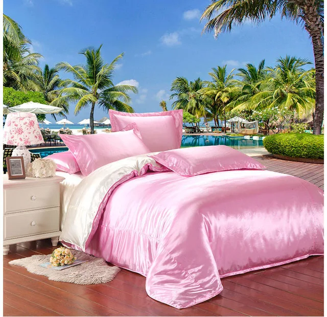 Buy 2sides silk bedding set pink satin silk bed sets silk duvet cover zipper
