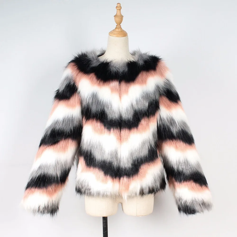 Manteau Solide 2018 O Fourrure Mode Mince De New Blanc Court Fausse Femmes À Vestes En cou Hiver Imitation Manteaux Femelle Rayé n6zrIq61
