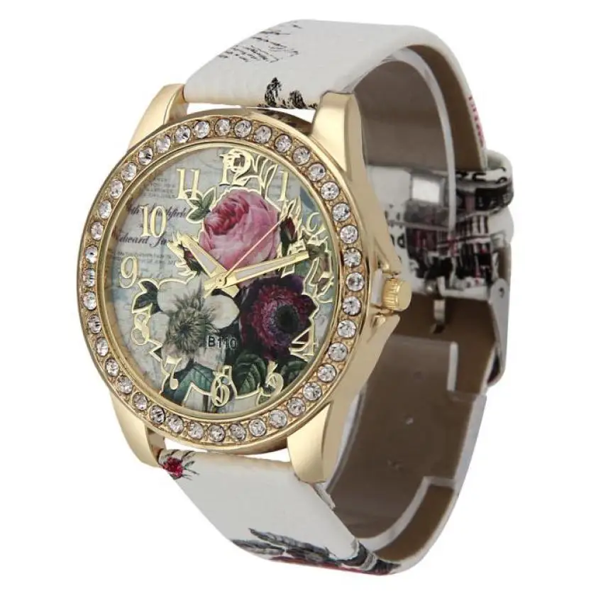 

New Women Watches Rose Pattern Dial Quartz Watch Rhinestone Crystal Lady Leather Band Analog Relogio Feminino #D