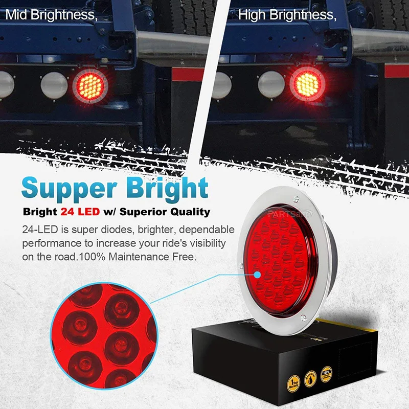 

2pcs Tail lights 4Inch Red Round Truck Brake Stop Turn Signal Waterproof Submersible Stock