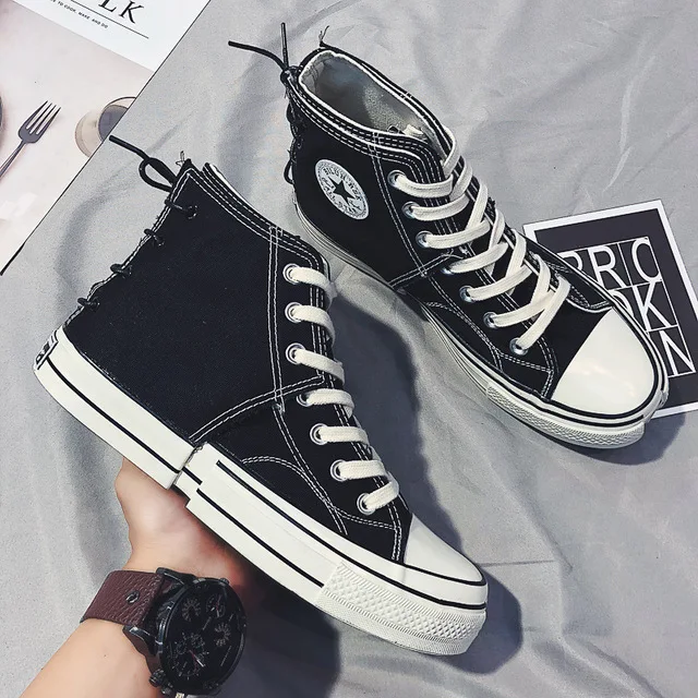 

2019 spring and summer new male student fashion Korean version of three-color stitching two-layer high-top canvas shoes